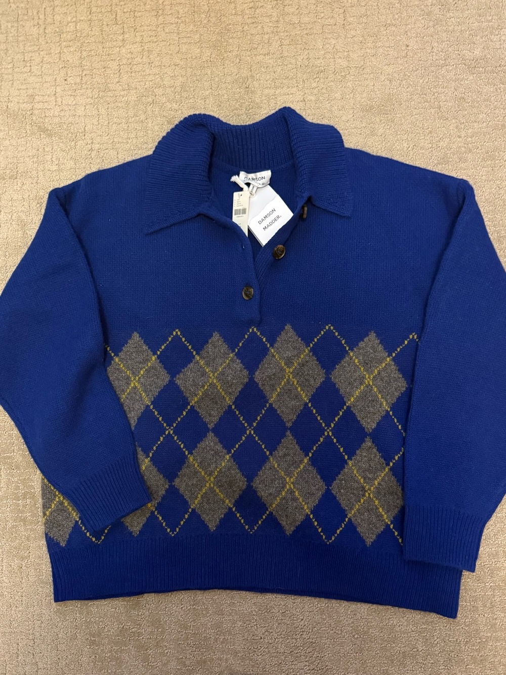 Anthropologie Damson Madder Royal Blue Argyle Wool Rugby Sweater 14 UK 10 US